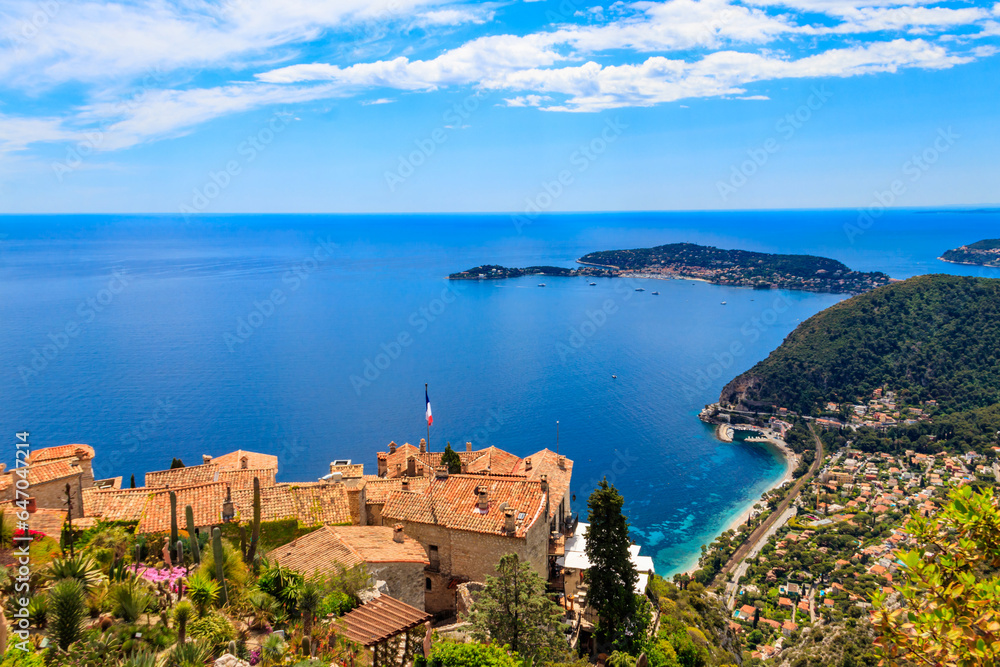 View of the Mediterranean coastline from the top of the Eze village in French Riviera, France