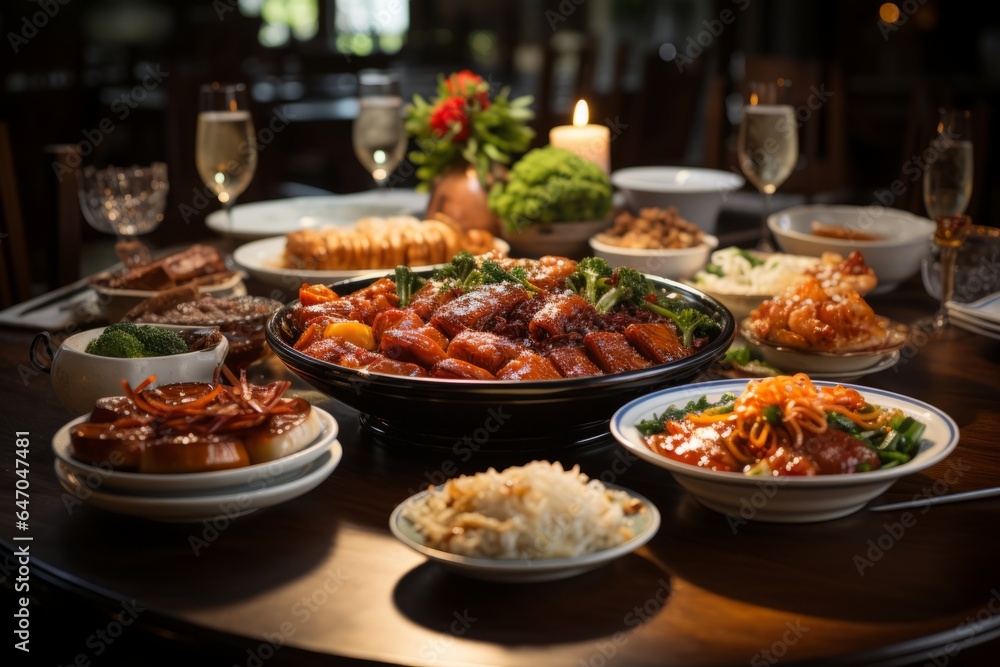 Obraz premium Grand Chinese New Year Banquet Table, Generative AI
