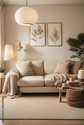"Boho Chic Serenity: Beige Fabric Sofa Framed by Sunlit Window in Modern Living Room"