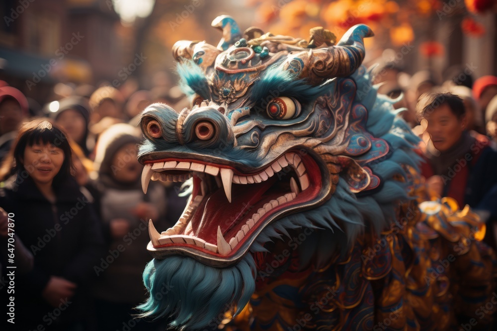 Traditional Dragon Dance Weaving Through The Crowd, Generative AI