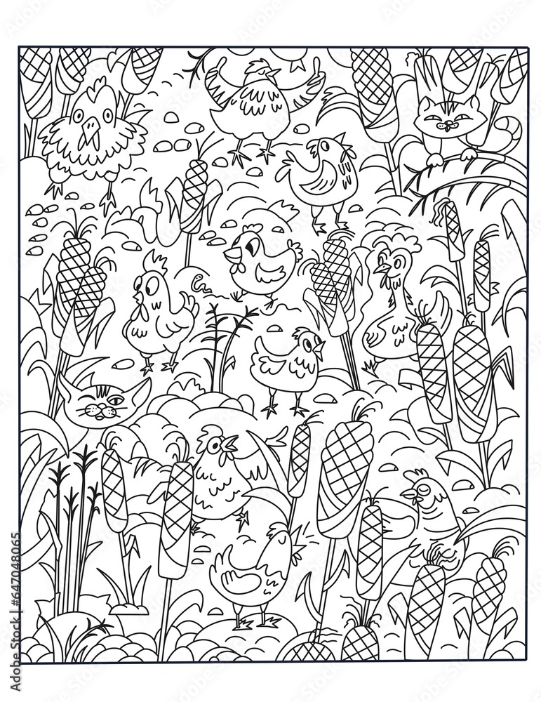 Fototapeta premium Cute chickens and cats on farm. Scene for coloring. Black and white image, outline. Hand drawn illustration. Coloring book for children.