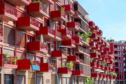 Canvas Print Red modern apartment building seen in Berlin, Germany