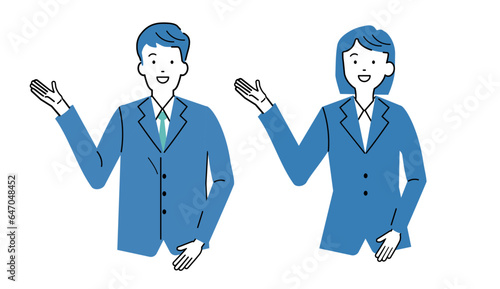 こちらへどうぞと案内しているビジネスパーソンの男女のイラストセット