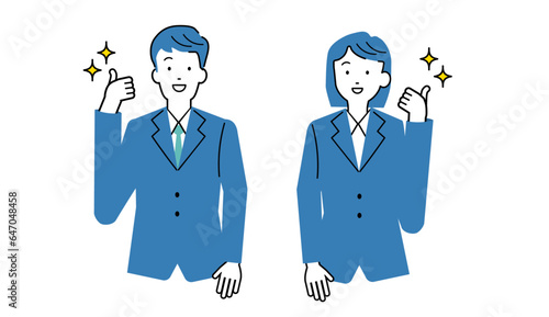 いいねのポーズをするビジネスマンの男女のイラストセット