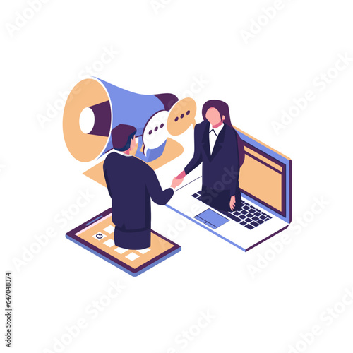 online conclusion of the transaction. the opening of a new startup. business handshake, via phone and laptop. vector illustration in a flat style investor holds money in ideas online. - Vector