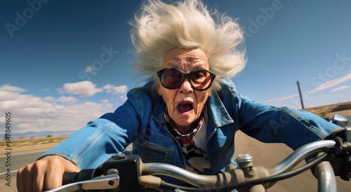 The old woman was riding a motorbike at high speed, feeling excited and scared