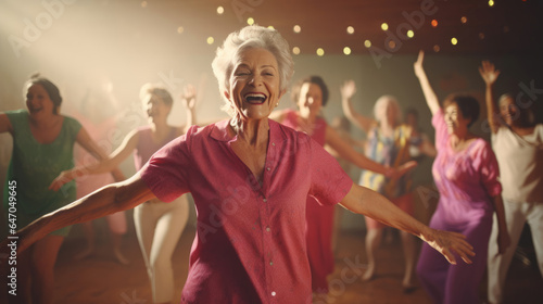 An elderly woman leading a circle dance, laughter and joy filling the room