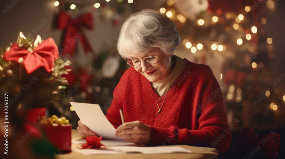 An elderly woman writing a heartfelt message on a New Years card,  sharing warmth and love
