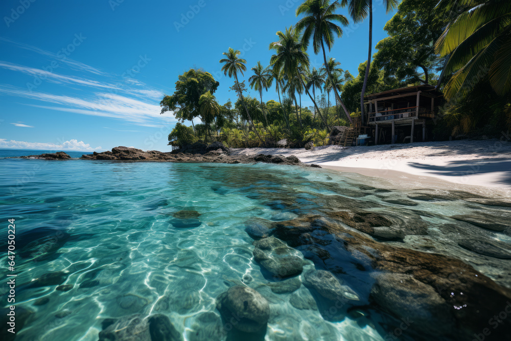 Remote Tropical Beach Accessible Only By A Boat, Generative AI Remote Tropical Beach Accessible Only By A Boat, Generative AI
