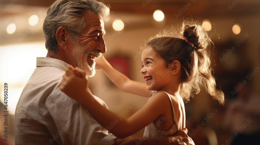 A joyful senior sharing a dance with a young grandchild,  bridging generations with joy