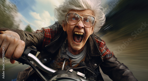 The old woman was riding a motorbike at high speed, feeling excited and scared