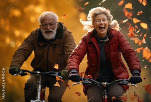 Happy old couple riding bicycles together, enjoying retirement