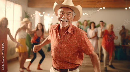 A spirited senior leading a line dance, encouraging others to join in the festive spirit