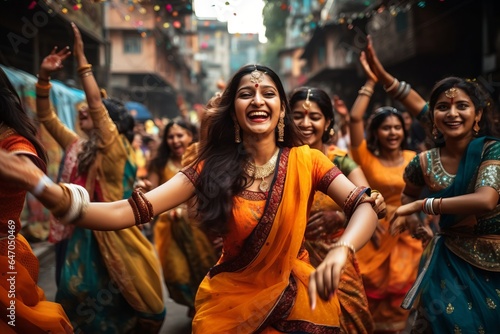 Indian women dancing on the streets in traditional dresses