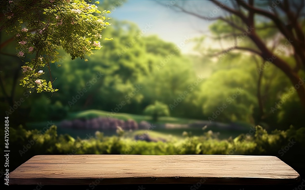 Rustic retreat. Empty wooden table in sun kissed forest. Nature canvas. Sunlit in park. Picnic paradise. Summer garden Rustic retreat. Empty wooden table in sun kissed forest. Nature canvas. Sunlit in park. Picnic paradise. Summer garden
