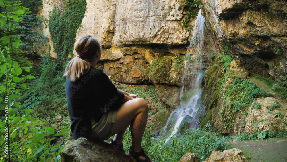A girl sitting in the background of the waterfall and admiring the falling water. Close-up of a woman looking at a waterfall. Traveller sitting on a rock. The waterfall flows out of the gorge A girl sitting in the background of the waterfall and admiring the falling water. Close-up of a woman looking at a waterfall. Traveller sitting on a rock. The waterfall flows out of the gorge