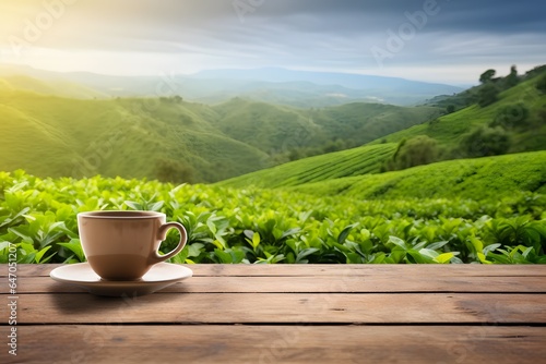 Tea cup on the wooden table view of tea plantations background.