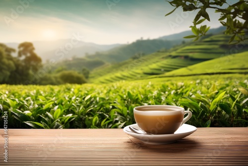 Tea cup on the wooden table view of tea plantations background.