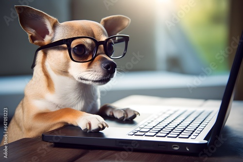 Cute dog looking computer laptop in glasses and shirt. © Pacharee