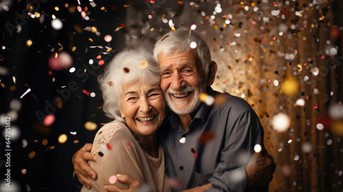 An elderly couple embracing beneath a shower of confetti, joyfully welcoming the new year