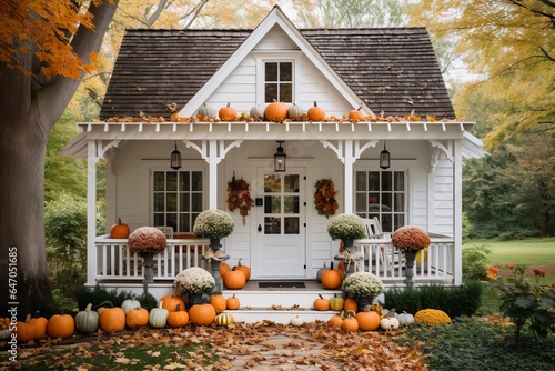 Cute and cozy cottage house with fall decorations pumpkins for Halloween