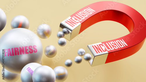 Inclusion which brings Fairness. A magnet metaphor in which inclusion attracts multiple parts of fairness. Cause and effect relation between inclusion and fairness.,3d illustration