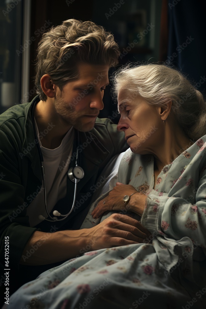 Concerned family member comforting a loved one in a hospital room, Generative AI