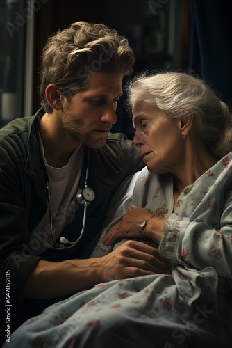 Concerned family member comforting a loved one in a hospital room  Generative AI