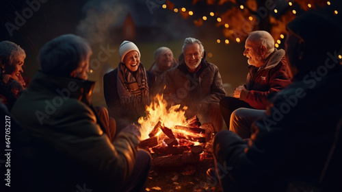 A group of seniors gathered around a bonfire, sharing stories and warmth on a chilly night