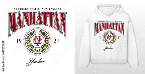 logo slogan graphic, art print college, retro college university with sport, shield and laurel. city manhattan new york, yankee, health and fitness club summer SS23 tennis crest sport, varsity design