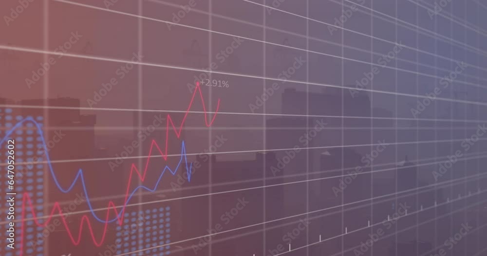 Animation of multiple graphs with changing numbers over fog covered modern city Animation of multiple graphs with changing numbers over fog covered modern city