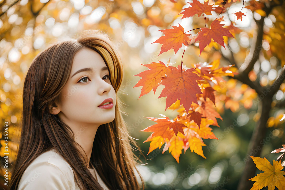 秋の公園で紅葉を見つめる女性-autumn park 秋の公園で紅葉を見つめる女性-autumn park