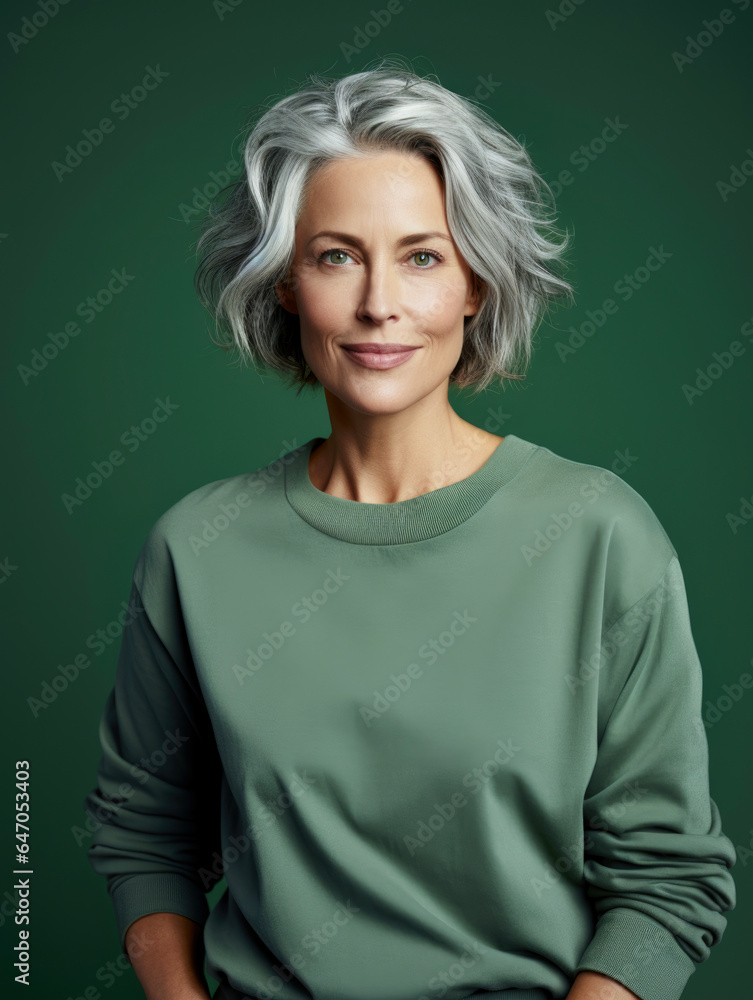 Confident Older Woman In Her 50's with Natural Gray Hair Against A Muted Green Backdrop Confident Older Woman In Her 50's with Natural Gray Hair Against A Muted Green Backdrop