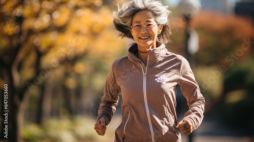 Asian elderly 65-year-old woman doing sports jogging in the central park