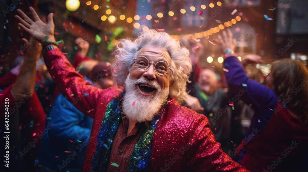 A spirited senior leading a conga line of fellow revelers in a vibrant New Years celebration A spirited senior leading a conga line of fellow revelers in a vibrant New Years celebration