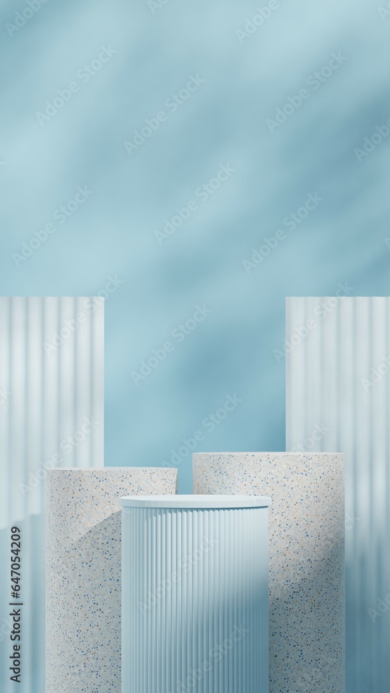 in portrait with blue background, 3d render blank mockup terrazzo podium in portrait with blue background, 3d render blank mockup terrazzo podium