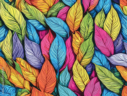 A colorful Hand drawn leaf pattern on a dark background