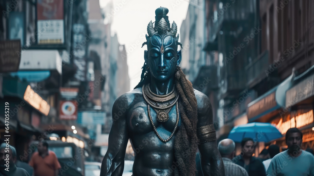 Cinematic portrayal of a man impersonating Lord Shiva, strolling in a majestic manner - obrazy, fototapety, plakaty 