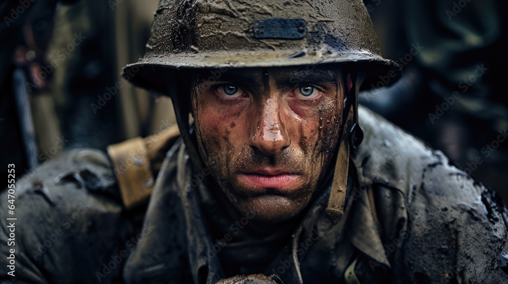 Close-up of a soldier in a muddy trench looking at the camera during World War