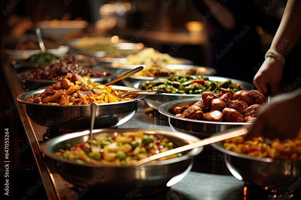Obraz premium Scooping the food, buffet food at restaurant, catering
