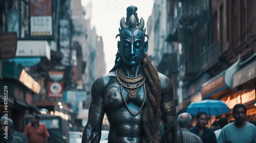 Cinematic portrayal of a man impersonating Lord Shiva, strolling in a majestic manner photo