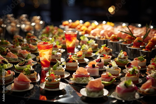 Buffet food, catering food party at restaurant, mini canapes, snacks and appetizers © waranyu