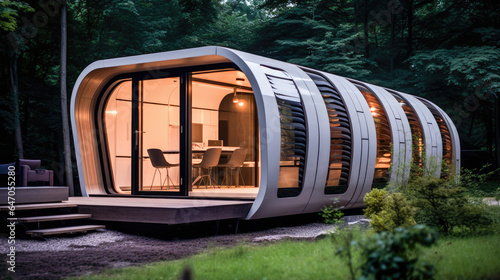Contemporary prefab cabin surrounded by greenery, featuring minimalist furniture and large windows
