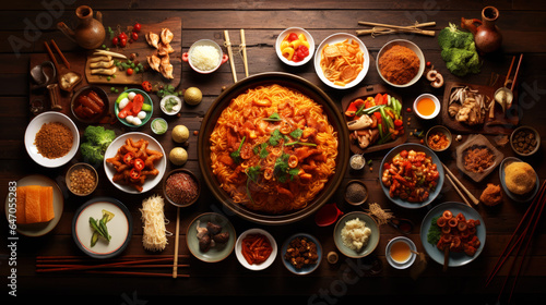 4k chinese food on a wooden tabletop covering all the table. wallpaper, backdrop, food photography, chinese food, asian cuisine, healthy food. 16:9 wide