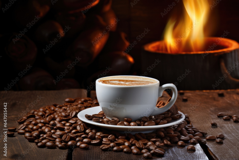 hot coffee with coffee beans on wood table hot coffee with coffee beans on wood table
