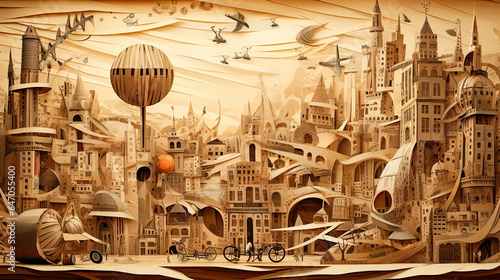 Elaborate paper cutting art of a whimsical metropolis made from folded newspaper