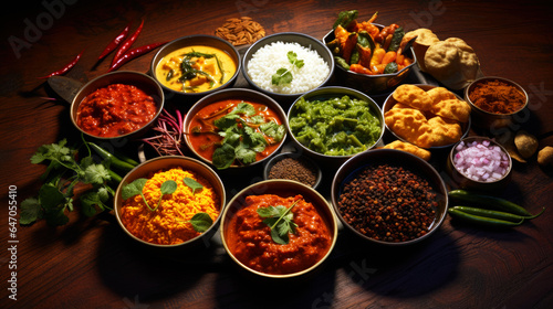 4k Indian food on a wooden tabletop in a kitchen. wallpaper, backdrop, food photography, indian food, asian cuisine, healthy food. 16:9 wide