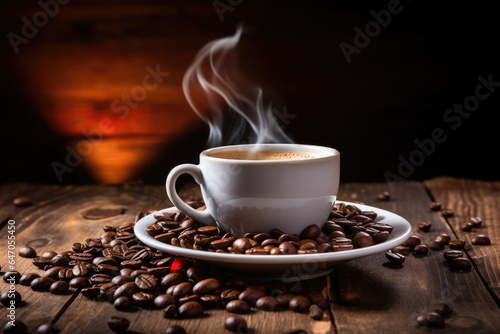 hot coffee with coffee beans on wood table