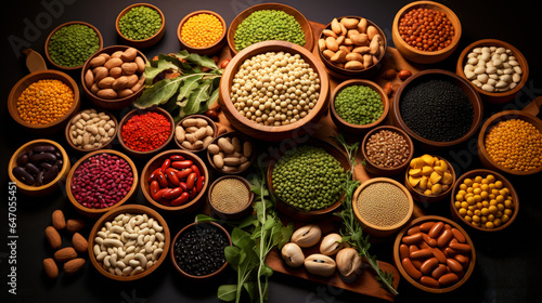 4K legume for cooking on a wooden tabletop in a kitchen. wallpaper, backdrop, food photography, legumes, healthy food. 16:9 wide