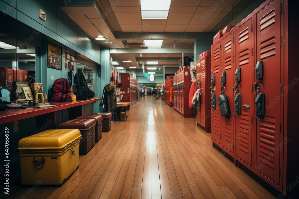 Locker room at a health club, offering storage for workout clothes and